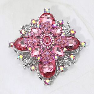 Vintage Bold Floral Pink Rhinestone Crystal Pin Brooch for Women Silver Tone